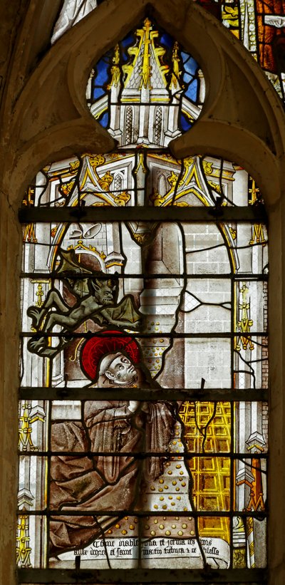 Window depicting St Martin falling down stairs, thanks to a demon by French School